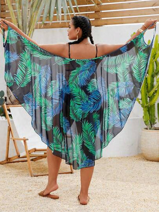 Swim Lushoire بلوزة للمرأة البدينة بطبعة ورق نبات استوائي وحيد، بشكل عصري مناسب للعطلات، بحمالات رفيعة وظهر مكشوف، اشبه بالإطلالة الكيمونو لارتدائها على البحر