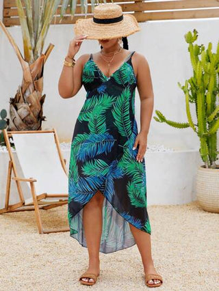 Swim Lushoire بلوزة للمرأة البدينة بطبعة ورق نبات استوائي وحيد، بشكل عصري مناسب للعطلات، بحمالات رفيعة وظهر مكشوف، اشبه بالإطلالة الكيمونو لارتدائها على البحر