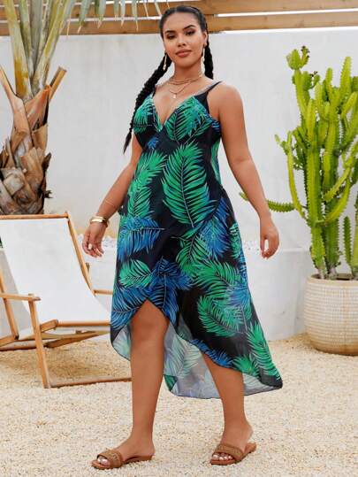 Swim Lushoire بلوزة للمرأة البدينة بطبعة ورق نبات استوائي وحيد، بشكل عصري مناسب للعطلات، بحمالات رفيعة وظهر مكشوف، اشبه بالإطلالة الكيمونو لارتدائها على البحر