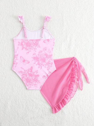 قطعة واحدة من ملابس السباحة ذات الرسمة الزهرية والكشكشة للفتيات الصغيرات