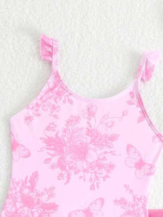 قطعة واحدة من ملابس السباحة ذات الرسمة الزهرية والكشكشة للفتيات الصغيرات