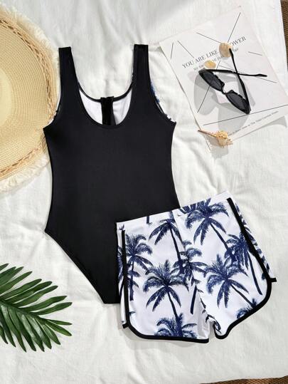 SHEIN بدلة سباحة مكونة من قطعتين للبنات في سن المراهقة، بدلة سباحة قطعة واحدة بسحاب أمامي مطبوعة بطبعة نباتات استوائية وشورت