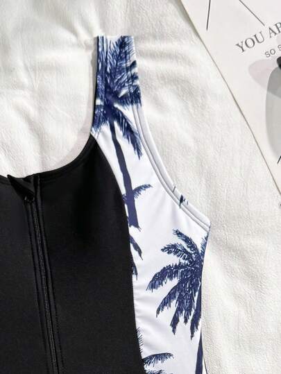 SHEIN بدلة سباحة مكونة من قطعتين للبنات في سن المراهقة، بدلة سباحة قطعة واحدة بسحاب أمامي مطبوعة بطبعة نباتات استوائية وشورت