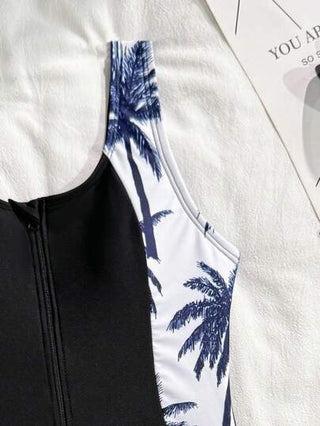 SHEIN بدلة سباحة مكونة من قطعتين للبنات في سن المراهقة، بدلة سباحة قطعة واحدة بسحاب أمامي مطبوعة بطبعة نباتات استوائية وشورت