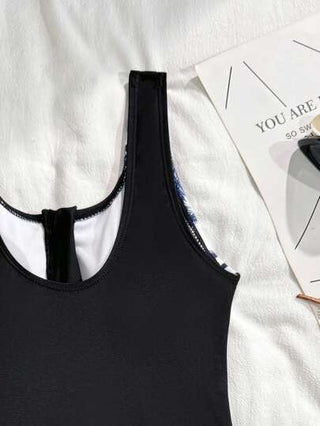 SHEIN بدلة سباحة مكونة من قطعتين للبنات في سن المراهقة، بدلة سباحة قطعة واحدة بسحاب أمامي مطبوعة بطبعة نباتات استوائية وشورت