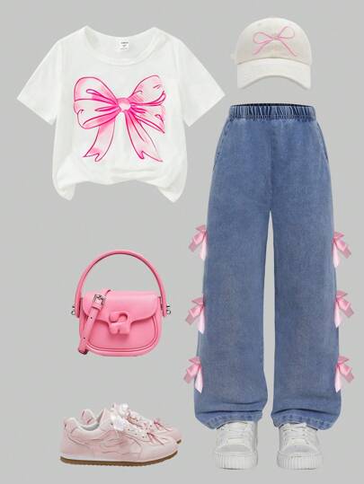 تيشيرتات بناتي طقم بقطعتين (ملابس علوية وبنطلون) للبنات الصغيرات مطبوع عليه فراشات، بأكمام قصيرة وبنطلون جينز مع تريم من الفيونكة، مناسب للارتداء اليومي في الصيف