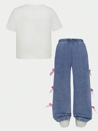 تيشيرتات بناتي طقم بقطعتين (ملابس علوية وبنطلون) للبنات الصغيرات مطبوع عليه فراشات، بأكمام قصيرة وبنطلون جينز مع تريم من الفيونكة، مناسب للارتداء اليومي في الصيف