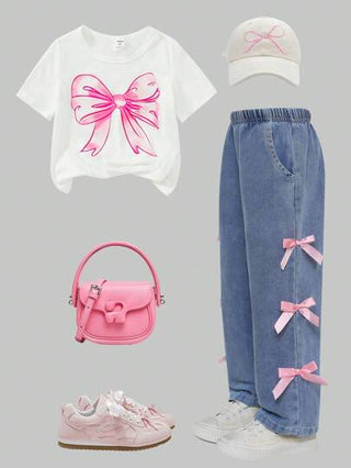 تيشيرتات بناتي طقم بقطعتين (ملابس علوية وبنطلون) للبنات الصغيرات مطبوع عليه فراشات، بأكمام قصيرة وبنطلون جينز مع تريم من الفيونكة، مناسب للارتداء اليومي في الصيف