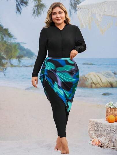 Swim Mulvari مجموعة من 3 قطع بحجم كبير، بدلة سباحة أكمام طويلة وسحاب أمامي، مع سروال وبوركيني، تتناسب مع تنورة ملابس سباحة عشوائية الطباعة، للصيف والشاطئ