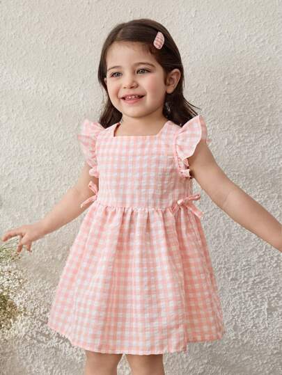 فساتين بيبي Blossori فستان بناتي ربيع/صيف أناقة فرنسية وردي مربع