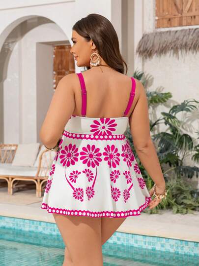 Swim Lushoire 2 قطعة من طقم بكيني كاجوال للسيدات ذوات الحجم الكبير مع نقشة إطار متداخل ، أزياء شاطئية متعددة الألوان لرحلة عطلة على الشاطئ