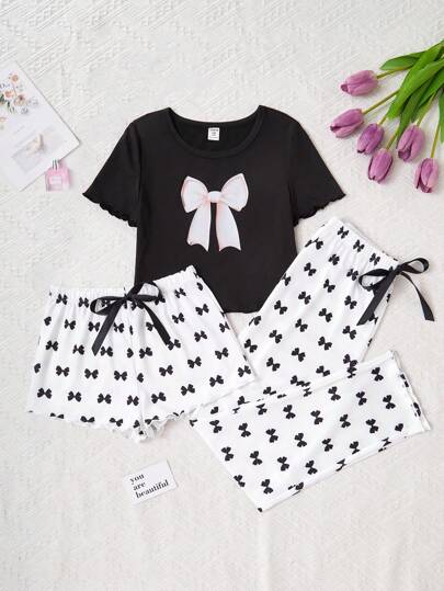 بيجاما 3 قطع - مجموعة سراويل وأعلى قصير للفتيات المراهقات مع طباعة دببة جميلة باللون الأبيض والأسود، لبس منزلي