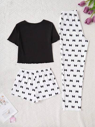 بيجاما 3 قطع - مجموعة سراويل وأعلى قصير للفتيات المراهقات مع طباعة دببة جميلة باللون الأبيض والأسود، لبس منزلي