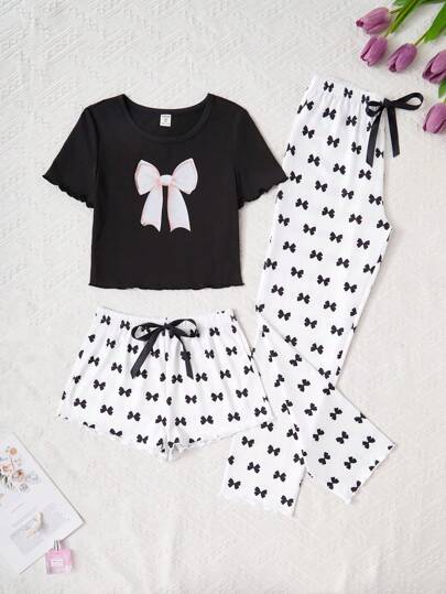 بيجاما 3 قطع - مجموعة سراويل وأعلى قصير للفتيات المراهقات مع طباعة دببة جميلة باللون الأبيض والأسود، لبس منزلي