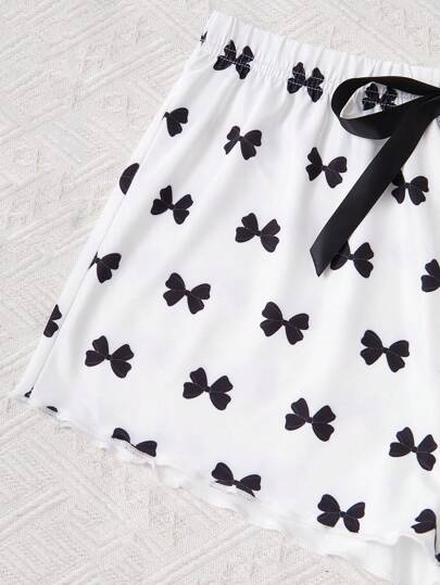 بيجاما 3 قطع - مجموعة سراويل وأعلى قصير للفتيات المراهقات مع طباعة دببة جميلة باللون الأبيض والأسود، لبس منزلي