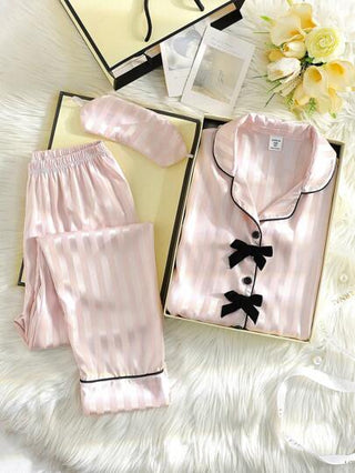 بيجاما مجموعة ملابس علوية وبنطلون قصير بياقة فيونكة من القماش المنسوج مخطط باللون الوردي والأقمشة الساتان ، طقم أنيق للبنات المراهقات للبس المنزلي وخارج المنزل ،مجموعة ملابس لفتيات تويز 10 بنطلون وقميص