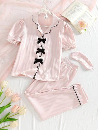 بيجاما مجموعة ملابس علوية وبنطلون قصير بياقة فيونكة من القماش المنسوج مخطط باللون الوردي والأقمشة الساتان ، طقم أنيق للبنات المراهقات للبس المنزلي وخارج المنزل ،مجموعة ملابس لفتيات تويز 10 بنطلون وقميص