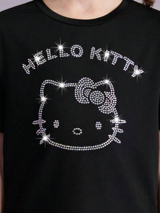 ملابس بناتي HELLO KITTY AND FRIENDS | تي شيرت بأكمام قصيرة للبنات المراهقات بطبعة كريستالية سوداء، متعدد الاستخدامات