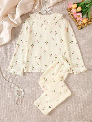 بيجاما طقم بيجاما مكون من بنطال طويل وأكمام طويلة قطن ناعم، مكون من طبقتين من القماش المطوي بطبعات نقاط بيج وكشكشات