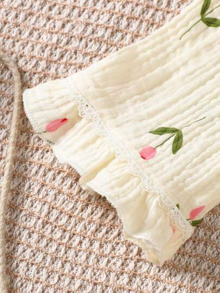 بيجاما طقم بيجاما مكون من بنطال طويل وأكمام طويلة قطن ناعم، مكون من طبقتين من القماش المطوي بطبعات نقاط بيج وكشكشات