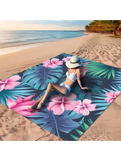 قطعة واحدة من بساط النزهة من مادة 100% بوليستر مقاوم للماء وسريع التجفيف وقابل للغسل في الغسالة، مناسب للتخييم والرحلات الشاطئية ، مصمم بنقوش أوراق خضراء وخطوط متموجة باللون الأسود والذهبي وبزهور وأوراق، خلفية خضراء فسفورية ، خيار ممتاز للاستجمام في...