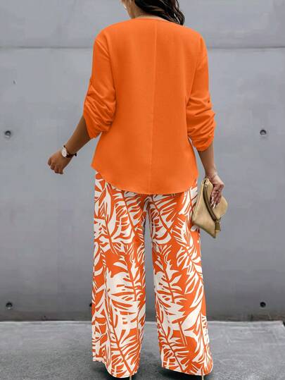 مجموعة بحجم كبير للنساء تتكون من قميص كم مطوي بياقة على شكل حرف V ، وبنطلون مطبوع بنباتات استوائية، طقم ملابس راحة للخريف مكون من بلوزة وبنطلون ، طقم بلوزة وبنطلون كاجوال