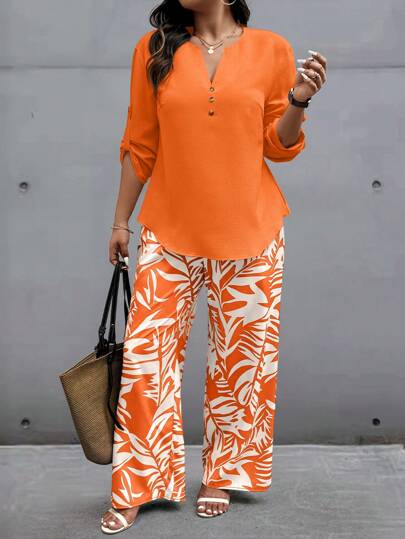 مجموعة بحجم كبير للنساء تتكون من قميص كم مطوي بياقة على شكل حرف V ، وبنطلون مطبوع بنباتات استوائية، طقم ملابس راحة للخريف مكون من بلوزة وبنطلون ، طقم بلوزة وبنطلون كاجوال