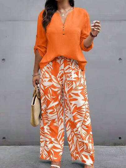 مجموعة بحجم كبير للنساء تتكون من قميص كم مطوي بياقة على شكل حرف V ، وبنطلون مطبوع بنباتات استوائية، طقم ملابس راحة للخريف مكون من بلوزة وبنطلون ، طقم بلوزة وبنطلون كاجوال