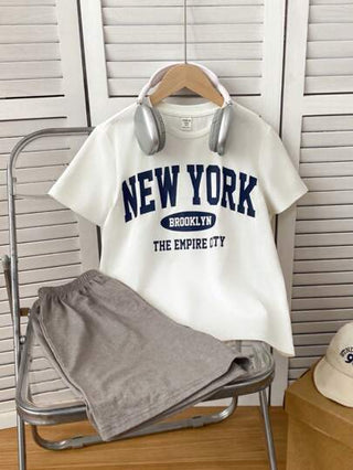 بيجاما طقم بيجامة صيفي كاجوال فضفاض مكون من قطعتين لكبار الشباب، قصيرالأكمام رقبة دائرية وشورت مع جيوب مربعة الرقعة