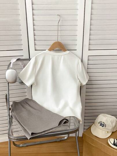 بيجاما طقم بيجامة صيفي كاجوال فضفاض مكون من قطعتين لكبار الشباب، قصيرالأكمام رقبة دائرية وشورت مع جيوب مربعة الرقعة