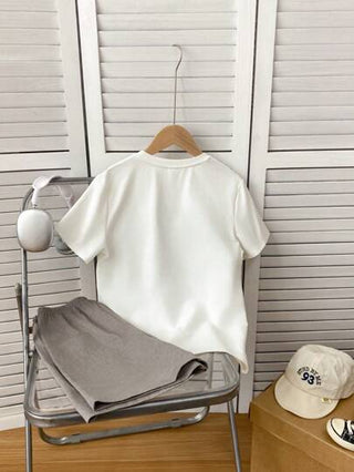 بيجاما طقم بيجامة صيفي كاجوال فضفاض مكون من قطعتين لكبار الشباب، قصيرالأكمام رقبة دائرية وشورت مع جيوب مربعة الرقعة