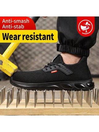 GUYISA أحذية أمان برأس من الصلب، سلسلة رياضية سوداء، مقاومة للثقب، مضادة للتحطم، قابلة للتنفس، مقاومة للانزلاق، مناسبة لجميع الفصول