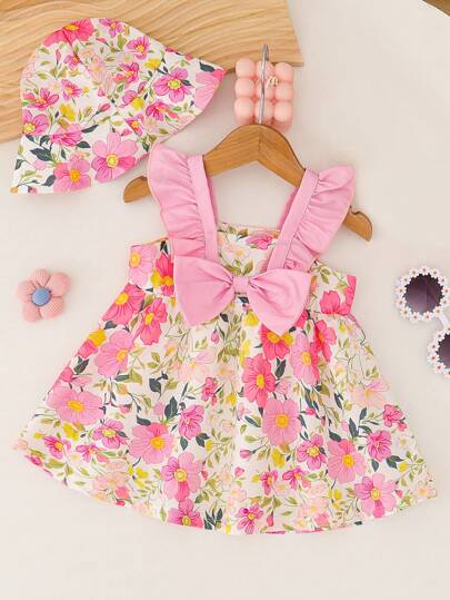 فساتين بيبي طقم بنطلون وقبّعة طفولية للبنات بفراشات مصغرة وفيونكة، للربيع/الصيف قطعتان