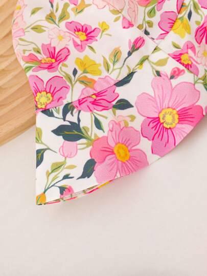 فساتين بيبي طقم بنطلون وقبّعة طفولية للبنات بفراشات مصغرة وفيونكة، للربيع/الصيف قطعتان