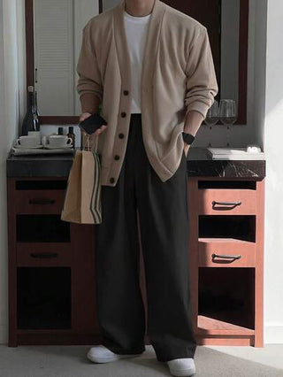 DAZY بنطلونات كاجوال فضفاضة ذات ساق واسعة بلون أسود بنقشة سادة للرجال في الربيع