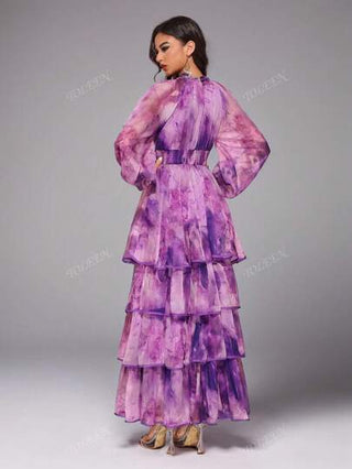 فستان بأكمام فوانيس مطبوع بشكل عشوائي ذو طبقات ذو ياقة واقفة ذو تدرج لون للنساء