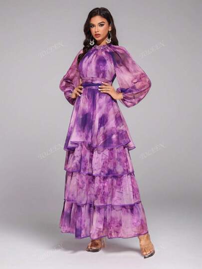 فستان بأكمام فوانيس مطبوع بشكل عشوائي ذو طبقات ذو ياقة واقفة ذو تدرج لون للنساء