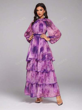 فستان بأكمام فوانيس مطبوع بشكل عشوائي ذو طبقات ذو ياقة واقفة ذو تدرج لون للنساء