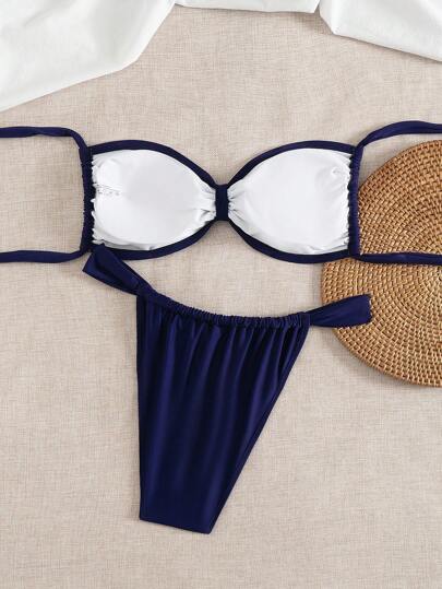 SHEIN Swim Curve مجموعة بيكيني من ملابس علوية وسروال داخلي أساسي للنساء متناهية الصغر،من مجموعة البناطيل الملائمة للسيدات البدينات - مجموعة منتجات تصميم بسيط وعصري للعطلات الشاطئية