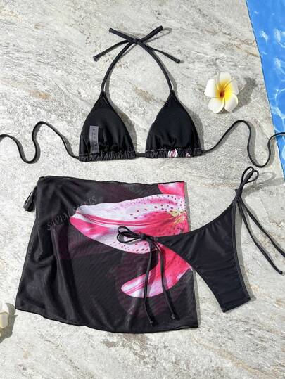 3 قطعة من طقم البكيني المطبوع بالأومبير الأزهاري للنساء، بكيني علوي قابل للتعديل، سروال متصل بأربطة جانبية، وتنورة ذات تغطية عالية للشاطئ وحفلات