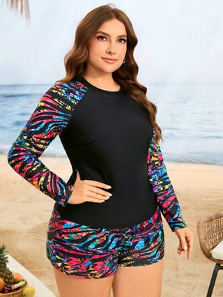 Swim Lushoire مجموعة ملابس سباحة نسائية بمقاس كبير جديدة من قطعتين, بلوزة آستين طويلة مطبوعة مثبتة على خصره عالية مع شورت ملحق