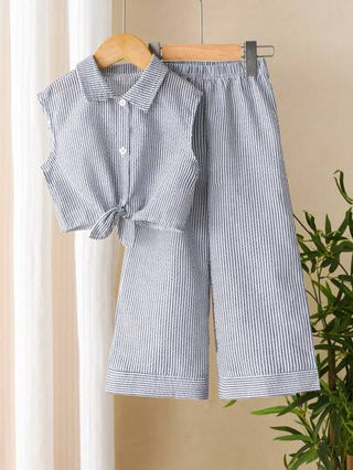 تيشيرتات بناتي طقم بنطلون واسع الساق وقميص قصير الأكمام مخطط من القطن المنسوج 2 قطعة للبنات، طراز عطلة عادي، ربيع/صيف