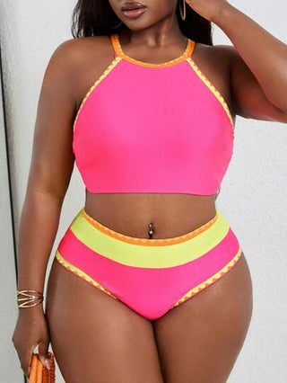 Slaydiva حجم كبير من السيدات مجموعة بكيني 2 قطعة من أقمشة مزهرية ملونة وقصيرة مع تريم ذو رقبة حلقية لارتداء المناسب للشاطئ والحمام