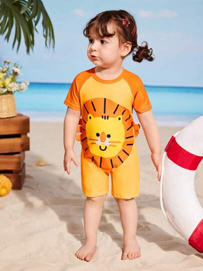 مايوه أولادي بذلة سباحة كاملة للأطفال الرضع مزخرفة بطباعات جرافيك وديكورات جانبية