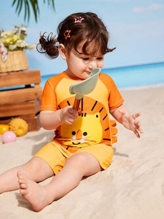 مايوه أولادي بذلة سباحة كاملة للأطفال الرضع مزخرفة بطباعات جرافيك وديكورات جانبية