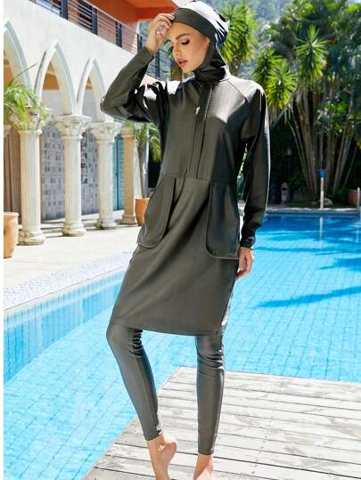 بدلة السباحة المحتشمة للنساء المسلمات كاملة التغطية، ملابس السباحة الإسلامية، لبس البوركيني للسباحة، ملابس سباحة لون سادة