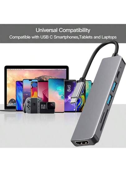 محور USB C 6 في 1 من النوع C 3.1 إلى محول 4K مع قارئ بطاقات SD/TF، شحن سريع PD 2.0/3.0، منفذ نقل البيانات وفتحة لذاكرة USB. تصميم مدمج وقابل للنقل لحمل الأعمال في الرحلات للكمبيوتر المحمول والكمبيوتر والهواتف الذكية والأجهزة اللوحية