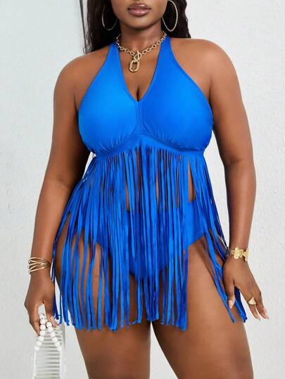 SHEIN تانكيني بيكيني ذو تصميم ذيل التورية والنمر الملون مقاس كبير للنساء