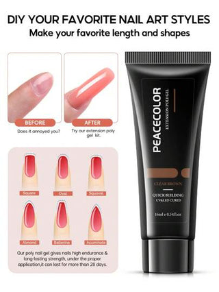 peacecolor طقم جل الأظافر متعدد الألوان 5 ألوان بسعة 16مل مع مصباح أشعة فوق بنفسجية/LED صغير ، جل إكستنشن أسود وبني بريق ، محلول تنظيف وتزلق للأظافر سعة 30مل ،50 قالب أظافر ، رينستون ملون للأظافر ،قاعدة وطبقة علوية 8مل. طقم جل أظافر لبناء الأظافر...