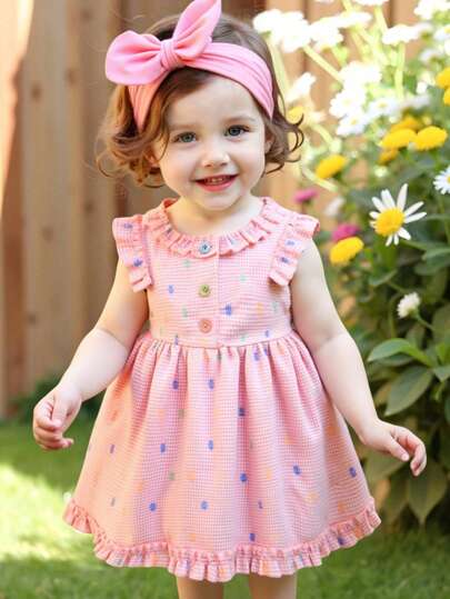 فساتين بيبي فستان أميرة لطفل رضيع وفتاة صغيرة أسلوب كوري بياقة وأطراف أكمام متدلية بطيات باللون الوردي المطبوع بشكل مشبك منصف